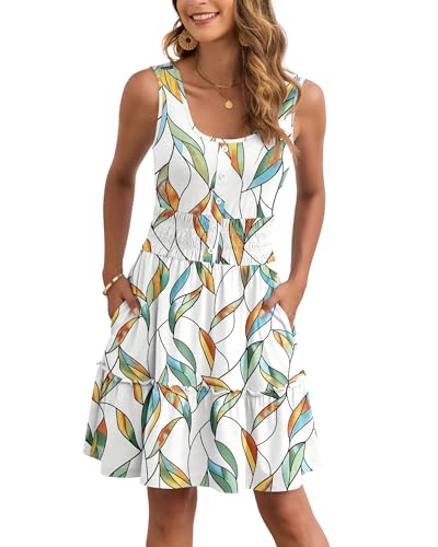 Image of AUSELILY Women Summer Dress Sleeveless Tank Button Down Dresses | Tank button down dress, Empire waist smocked, Casual beach vacation summer dresses with pockets