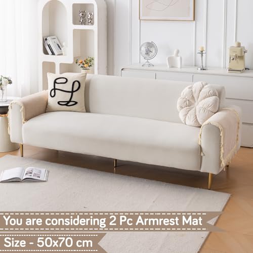 Image of HOKIPO 'Serenity Tassel' Chenille Sofa Arm Cover with Tassels - 1 Pair | Ivory Fringe (IN-893-BGE*2)