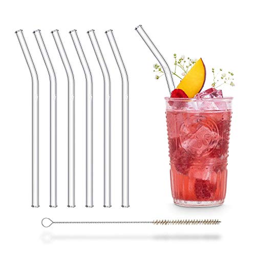 HALM Pajitas curvadas de cristal reutilizables - 6 x 20 cm + cepillo de limpieza ecológico - Apto para lavavajillas - Sostenible - Pajitas de vidrio para batido, cóctel, smoothie