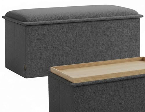 RIOGOM ®️ Puff Almacenaje Plegable con Mesa de Madera Reversible Tela Suave | Taburete Reposapies Sofa | Baúl de Almacenamiento para Cama, Dormitorio, salón, Comedor o Recibidor 38x76x38cm (Gris)