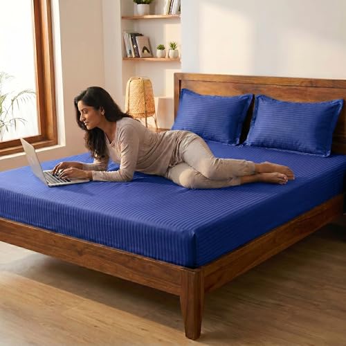 Image of Mafatlal Italian Strip King Size Bed Sheet with 2 Pillow Covers Cotton | 210 TC Pure Cotton Flat Bedsheet Dark Blue | 108 x 108 Inches | Soft & Durable
