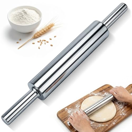 Nudelholz Edelstahl Teigroller 43cm Teigausroller Antihaft Teigroller Edelstahl Nudelholz mit Griff Drehbare Teigrolle Backzubehör Rolling für Fondant Pizza Nudelteig Brot Nudelteig Mürbeteig