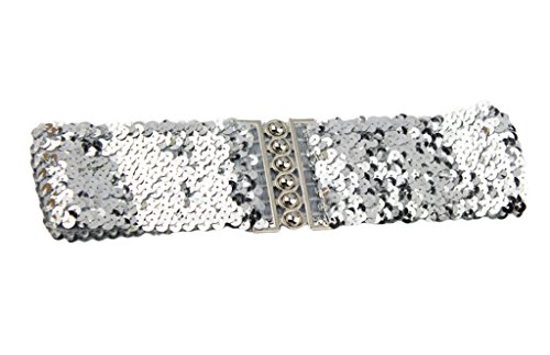 COMVIP Femme Ceinture Large Elastique Paillette Vintage Moderne pour Robe Jupe Argenté Cover