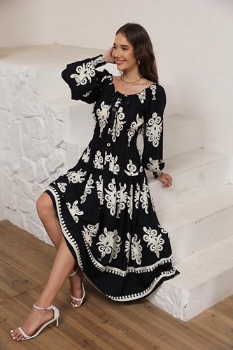 Image of OSTOO Women's 2026 Casual Long Sleeve Square Neck Smocked High Waist Flowy Maxi Dress,Boho Tiered Beach Party Dress