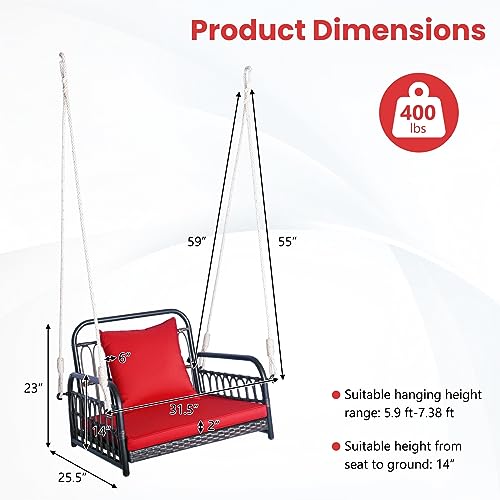 Image of Tangkula Outdoor Hanging Porch Swing with Cushions, Single Person, Red
