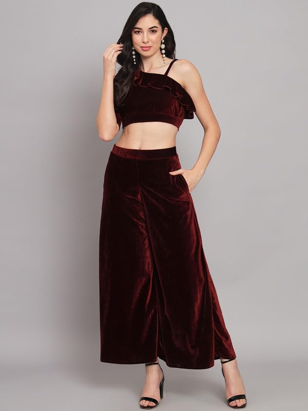 Image of Vaararo Velvet Co-Ords for Women | One Sleeve Crop Top with Palazzo Set Casual Party Dress