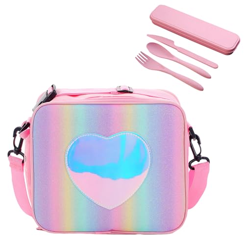 MEMOFYND 1 Pink Lunch Bag, with 1 Set of Pink Plastic Cutlery, with Insulated Lunch Compartment, Cutlery Bag, Waterproof