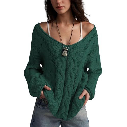 Image of Womens Oversized Off The Shoulder Sweaters Chunky Knit Wide V-Neck Tops Casual Slouchy Pullover Fall Outfits