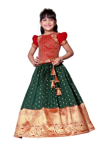 Image of Wommaniya Impex New south Indian traditional pattu pavadai Jecquard Lehenga choli for girls dress