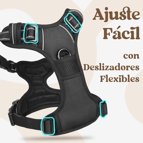 rabbitgoo Arnes Perro Mediano con 3 Hebillas, Liberacion del Cuello, Arnes Perro Ajustable con Asa y Clip Frontal, Arnés Antitirones para Perros Reflectante para Adiestramiento Correr, Negro, L - imagen 4