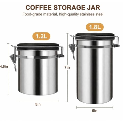 Image of Container for Ground Coffee, Coffee Beans - Coffee Canister 1200 ml, 1800 ml with Built in Valve Stainless Steel Airtight with Scoop, Storage for Beans, Grounds, Tea, Sugar (Set of 2)
