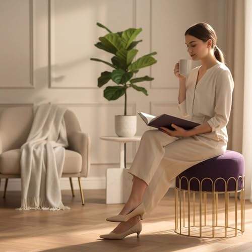 Image of Premium Gold Metal Ottoman Pouffe Stool & Footrest for Living Room & Bedroom | Wine Soft & Classy Mosha Fabric with Arch Frame | 18 inch Height | Luxury Multipurpose Furniture & Home Decor