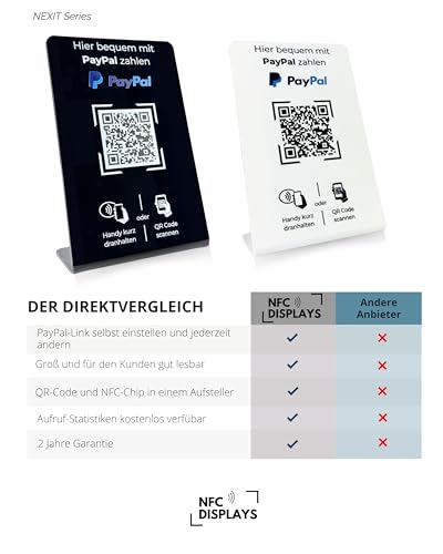 Aufsteller/Schild für PayPal-Zahlung mit QR-Code und NFC (16,5 x 10,5 cm) - schwarz
