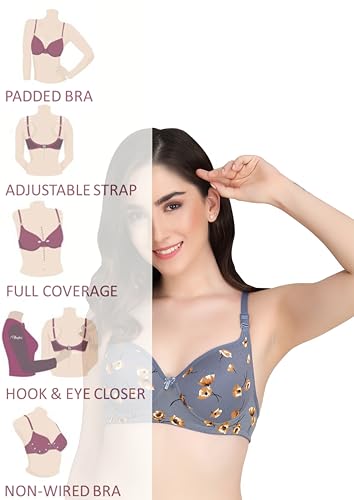 Image of Women Padded Printed Bra - Made of Pure Cotton Full Coverage Non Wired Seamless Pushup Soft Cup for T-Shirt Saree Dress Sports Garment for Daily Use Everyday