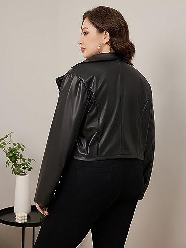 WDIRARA Women's Plus Size PU Leather Zipper Biker Jacket Lapel Neck Long Sleeve Motorcycle Crop Blazer2