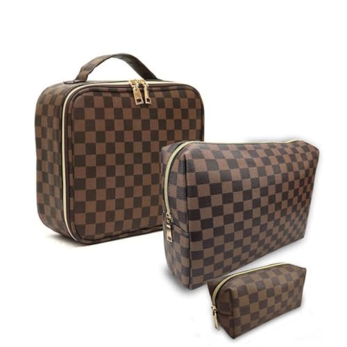 Makeup Bag,3 Pcs Brown Checkered Bags Set,Portable with Adjustable Partition,Large Capacity Pouch for Travel Cosmetic Organizer, Makeup Brushes,Waterproof, Toiletries,Designer for Gift,Checkered - Main Image