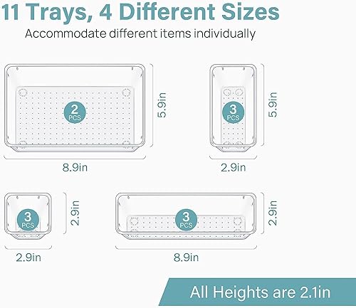 Image of Clear Plastic Drawer Organizers Set, 4-Size Versatile Bathroom and Vanity Drawer Organizer Trays, Storage Bins for Makeup, Bedroom, Kitchen Gadgets Utensils and Office (11 PC SET)