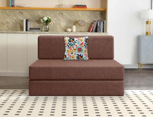 Image of Los Angeles Foldable One Seater Sofa Cum Bed, Sofa Bed 3 X 6 Feet Jute Fabric Washable Cover- Including One Printed Cushion Perfect for Living Room & Office, Guest Room - Brown Color