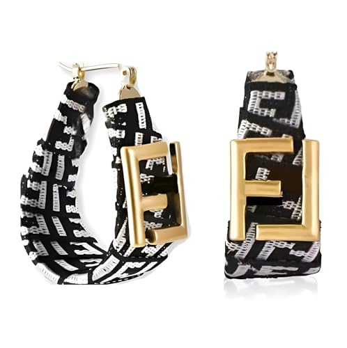 Chic Black and White Alphabet F Fabric Earrings for Women – Lightweight Gold-Plated Geometric Dangle Jewelry
