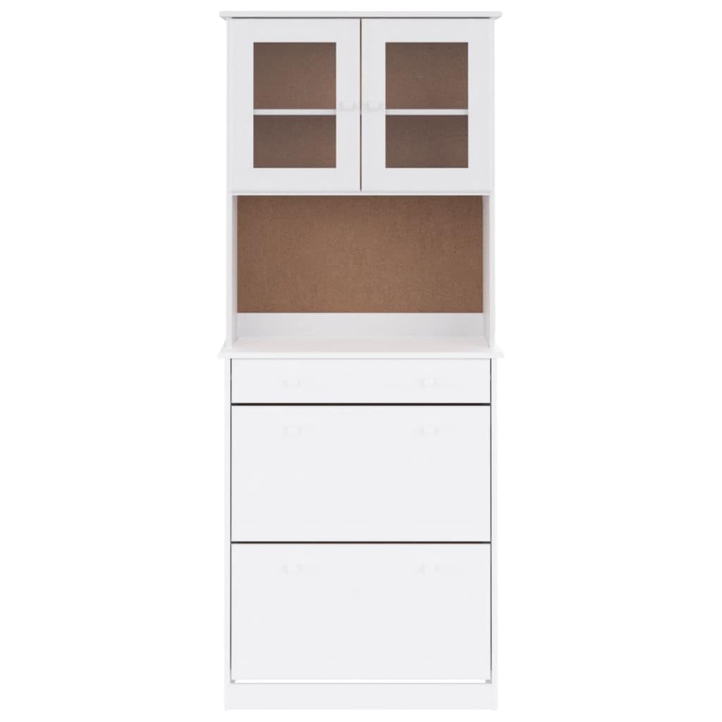 Générique Bufet Alta High White 77x35x188 cm, z litego drewna sosnowego, szafka do przechowywania z półkami, szufladą i szklanymi drzwiami, drewniane guziki, uchwyt ścienny w zestawie