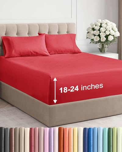 Image of Extra Deep Twin Sheet Set - 4 Piece Breathable and Cooling Sheets - Red | Hotel Luxury Bed Sheets Set, Easy & Secure Fit, Ultra-Soft, Wrinkle & Fade Free, Comfy Sheets Set with Extra Deep Pockets