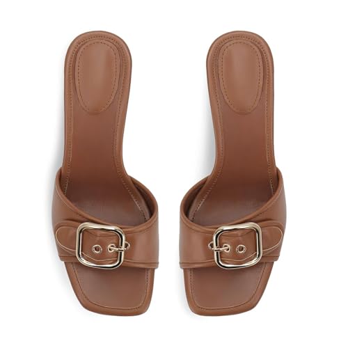 Image of Dsevht Black Kitten Heel Sandals Stiletto Low Heels Slip On Slides Mule Sandal Square Open Toe Dress Shoes for Women