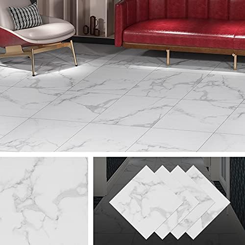 Livelynine Carrara Marble Peel and Stick Floor Tile Bathroom Waterproof Vinyl Flooring Peel and Stick On Floor Tile for Kitchen White Laminate Flooring Sheets Sticky Linoleum Tiles 12X12 Inch 4-Pack