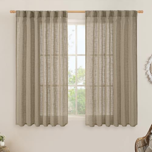 LAMIT Taupe Linen Curtains 54 Inch Length 2 Panels, Light Filtering Panels Back Tab and Rod Pocket Country Decor Drapes for Bathroom/Window/Bedroom, 52 x 54 Inch