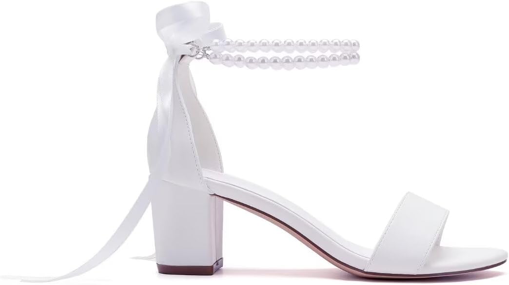 Pearl Wedding Shoes Open Toe Block Heel Wedding Sandals Chunky Heel Bridal Shoes - Image 4
