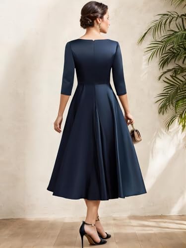 Elegant Luxury Satin A-Line Asymmetrical Neckline Tea-Length Mother of The Bride 2024 Evening Dress3