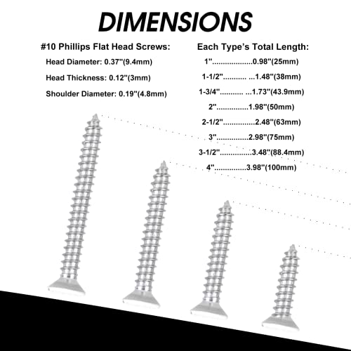 Image of 25 PCS#10X3-1 /2(3.5 inch) Stainless Steel Phillips Flat Head Wood Screws,Stainless Steel 18-8 A2(304) Screw,Home Screw Kit by QISHENG