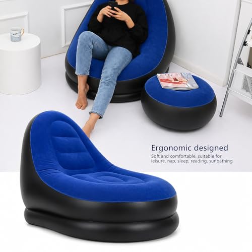 Image of Inflatable Lounge Chair for Adults with Ottoman, Foldable Air Sofa Couch, Portable Blow Up Chair for Living Room Bedroom, Comfortable Indoor Seating, 150 kg Capacity (Blue)