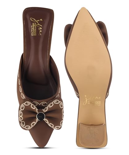 Image of JM LOOKS Elegant Pointed Toe Block Heel Mules Featuring Sophisticated Bow Detail and Ornate Textured Embroidery
