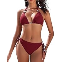 RITOSTA Bikini Mujer Sexy Traje de Baño Dos Piezas Bikinis Brasileño Halter Triángulo Bikini Top Conjunto de Bikini Tanga Cintura Media Bañadores con Perlas Ropa de Baño(Rojo,M)