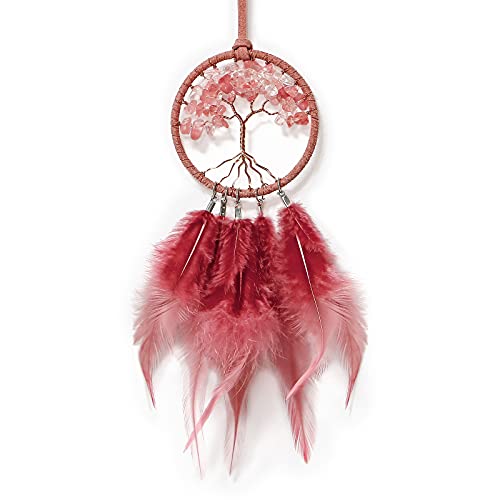 Weldomcor Attrape de Rêves Petit Faite Main Capteur de Rêves en Plumes Voiture Décoration Attrape Rêve Arbre de Vie Dreamcatcher pour Chambre Voiture Maison, Rouge Cover