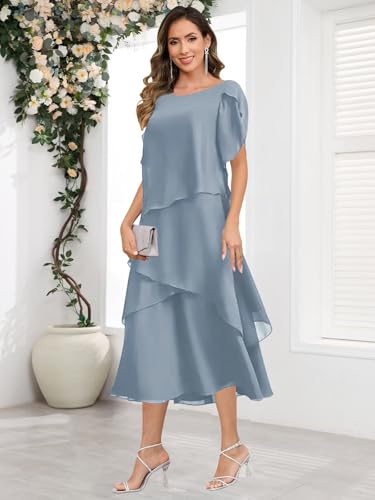 Mother of The Bride Dresses - Tea Length Short Sleeve Chiffon Tiered Formal Dress for Women2