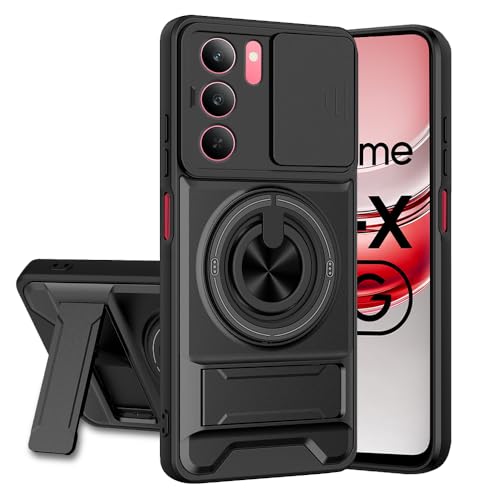 Image of 14X / P3X / C75 / Narzo 80X 5G Back Cover | Armor Camera Slider 360 Degree Rotating Finger Ring Holder Case with Bracket Stand Back Case Cover (Compatible with MagSafe Accessories) (Black)