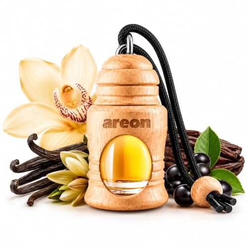 Image of AREON Fresco Premium Hanging Car Air Freshener, Vanilla Black, Pack of 1 | Premium Wooden Hanging Car Air Freshener with an Elegant, Compact Design. Suitable for Use in Cars, SUVs, Vans, and Trucks.