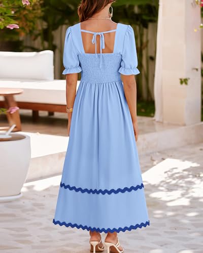 Image of BTFBM Women 2025 Summer Square Neck Short Puff Sleeve Dress Casual RIic Rac Tie Back Smocked Wedding Guest Maxi Dresses