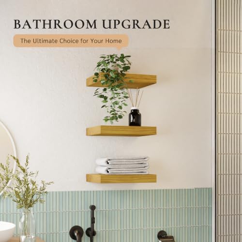 Image of 16 inch Wall Floating Shelves, Set of 3, Natural Wood | 16 inchL x 12 inchD x 1.8 inchH, Set of 3, Solid Paulownia Wood, Natural Finish, Hidden Brackets, Hardware Included