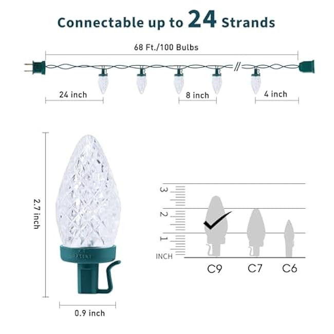 C9 LED Christmas Lights Outdoor, 68Ft 100 LED String with All in One Clips, Commercial Grade Waterproof Outdoor Christmas Lights for House Outside Roofline Xmas Decor, Pure White