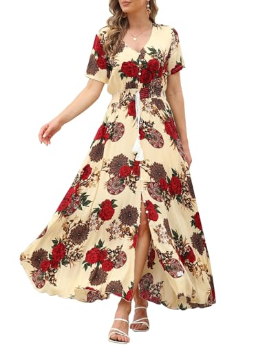 Image of VintageClothing Women's Floral Maxi Dresses Boho Button Up Split Summer Casual Long Dress Beach Party Dress