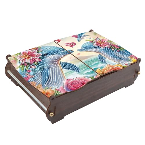 Image of Diamond Painting Kit Wooden Storage Box, Dolphin DIY Special Shaped Diamond Flip Cover Wooden Money Box, Handmade Art Desktop Decorations Birthday Gifts for Friends