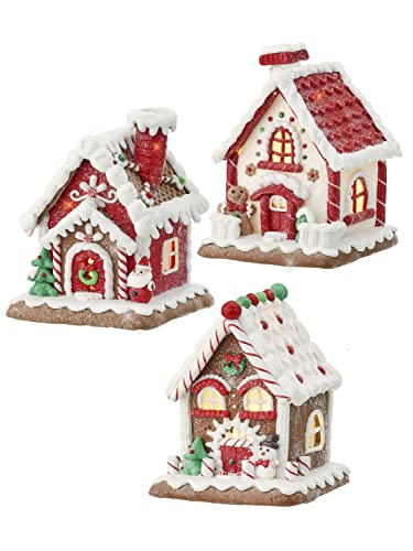 Tenwaterloo Set Of 3 Lighted Led Gingerbread Candy Houses In Clay Dough Resin With Frosted Snow Look, Battery Operated With Timers, 6 Inches High - Christmas Collectible Buildings #TOP25