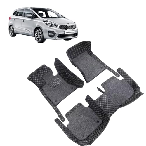 Image of Auto Hub 7D Car Floor Mats Compatible with Kia Carens, Leatherette, 100% Waterproof & Washable, Carens Car 7D Floor Mat, Black