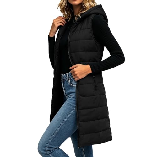 Gumipy Long Puffer Vest Women Hooded Quilted Vest Sleeveless Puffer Jacket - image 1