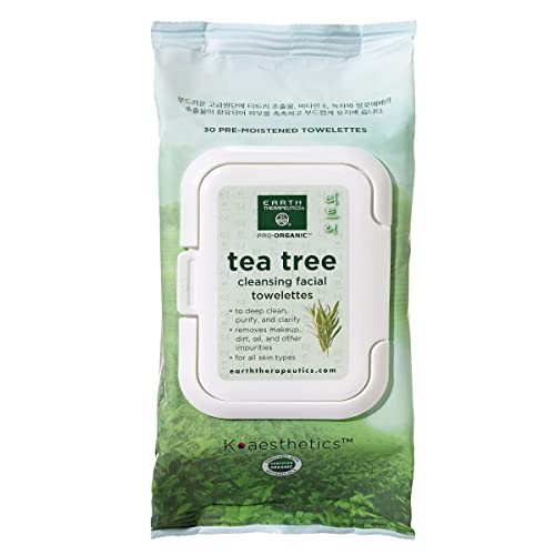Earth Therapeutics Makeup Remover Wipes – Tea Tree Oil Purifies & Conditions - Daily Cleansing Facial Towelettes – Remove Makeup & Waterproof Mascara – Certified Organic Botanicals – 30 Wipes #TOP15