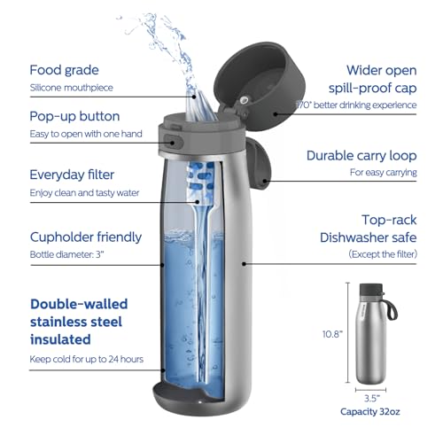 Image of PHILIPS Filtered Water Bottle Stainless Steel Travel Keeps Cold 32oz Silver | Insulated BPA-Free Water Bottle With Leakproof Lid. Filter Removes Chlorine & Odor, Lasting 2 Months Or 40 Gallons