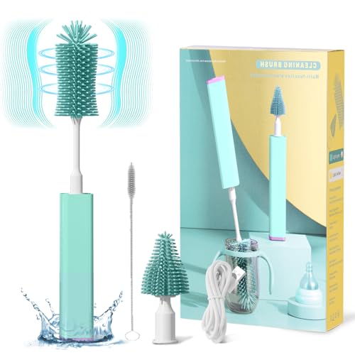 Image of Meqtpomy MOMJOY Electric Baby Bottle Brush Cleaner Set - IPX7 Waterproof Bottle Brush and Straw Brush, Silicone Bottle Brush Suitable for New Moms, Green