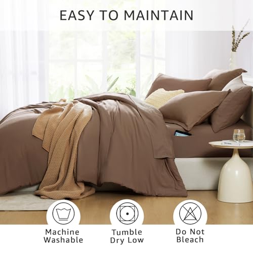 Image of Queen Comforter Set-7 Pieces Soft Prewashed Bed in a Bag Queen Bedding Sets | All Season Comforter with Sheets, Pillow Shams & Pillowcases, Brown